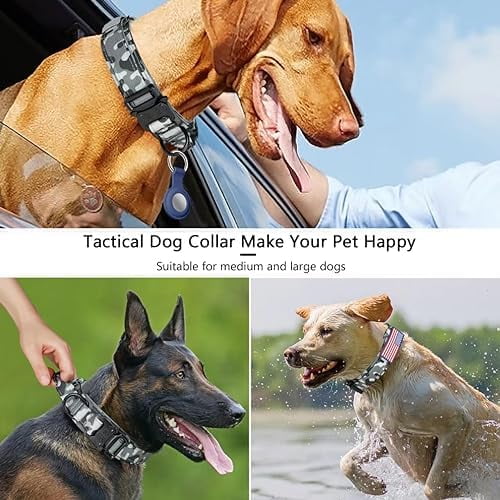 Tactical Dog Collar, Adjustable Military Training Nylon Dog Collar with Control Handle and Heavy Metal Buckle for Medium and Large Dogs, with Patches and Airtags Case (XXL, Camo)