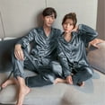 thumbnail image 4 of Couples Matching Silk Satin Pajamas Set Long Sleeve Sleepwear Soft Button Down Loungewear 2 Pcs Pj Set, 4 of 5