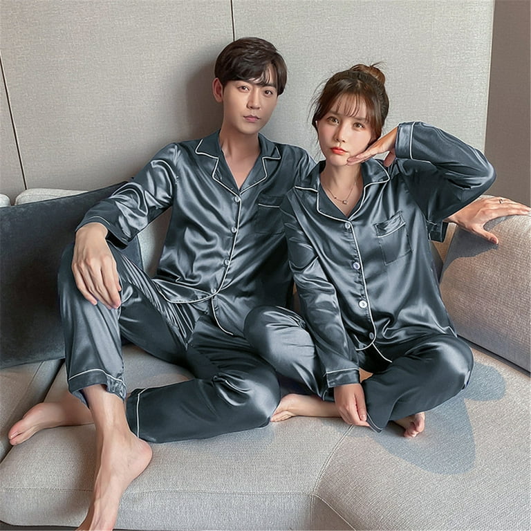 Lisingtool Pajamas for Women Set Men's Casual Pyjamas Long Sleeve Blouse  Button Silk Satin Two Piece Sleepwear Suit Pant Pyjama Pajama Pants Grey