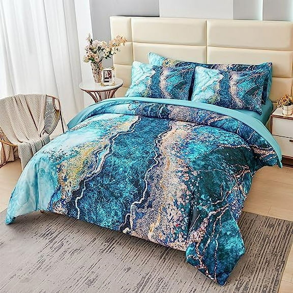 6 Piece California King Bed in A Bag Watercolor Marble Pattern Bedding Comforter Set Aesthetic Retro Artwork Colorful Quilt Complete Set(Teal, Cal King)