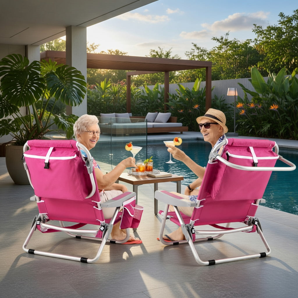 Hommoo 2-Pack Foldable Beach Chair with Cup Holder, Adjustable Backrest & Storage Pockets, Lightweight Aluminum Frame, Waterproof 600D Oxford Fabric, Pink