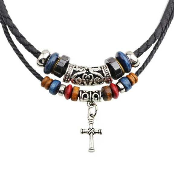 STAGA Ethnic Jewelry Leather Tribal Necklace with for Cross Pendant for Women Men Gift