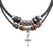ZPAQI Vintage Tribal Boho Leather Necklace Hipppie Double Layer Cross Beaded Necklace