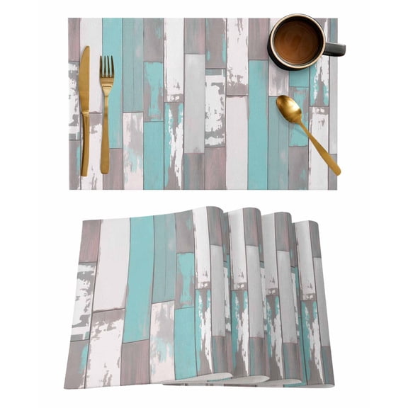 Placemats Set of 6, Turquoise Gray Woven Placemat, Linen Place Mats for Kitchen/Dining Tables, Country Retro Mottled Texture Wood Grain Washable Table Mats for Party