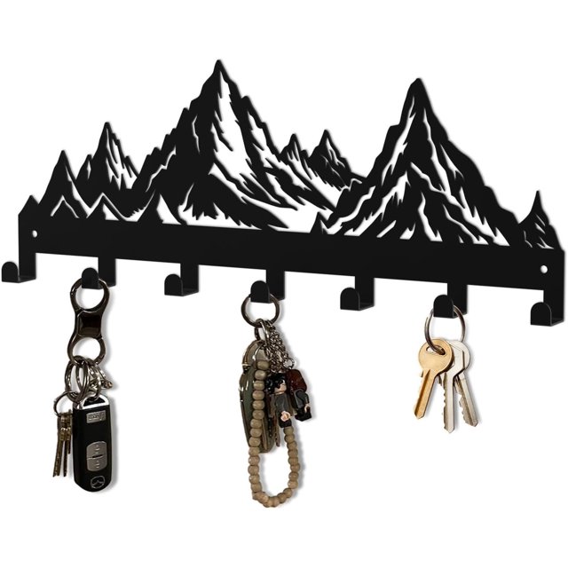 Key Holder Wall Mounted Key Hooks, Black Metal Key Rack Hooks, Mountain Theme Wall Decoration Hooks, with 7 Hooks, Applicable to Front Doors, Lobby,Corridor, Offices (12 "X 5.47")