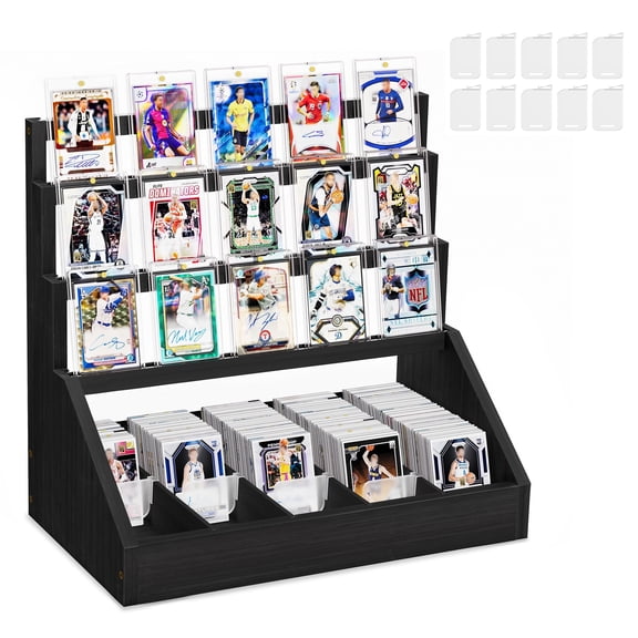 Trading Card Display Stand, 3-Tier Card Display Stand with 5-Row Storage, Large Capacity Wooden Graded Card Display with Card Stoppers,Black