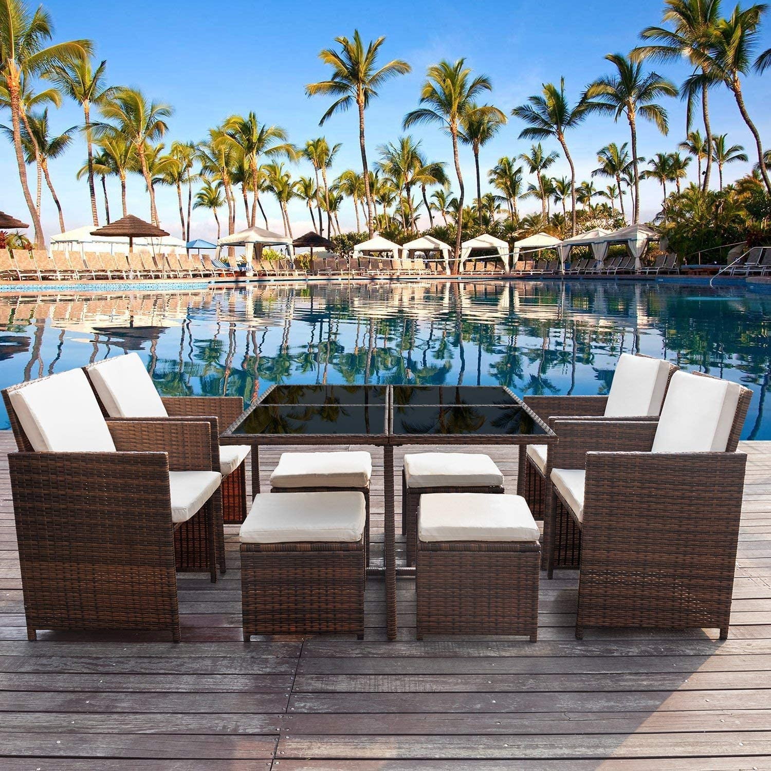 Vineego 9 Pieces Patio Dining Sets Outdoor Furniture Patio Wicker Rattan Chairs and Tempered Glass Table Sectional Set Conversation Set Cushioned with Ottoman (Brown)