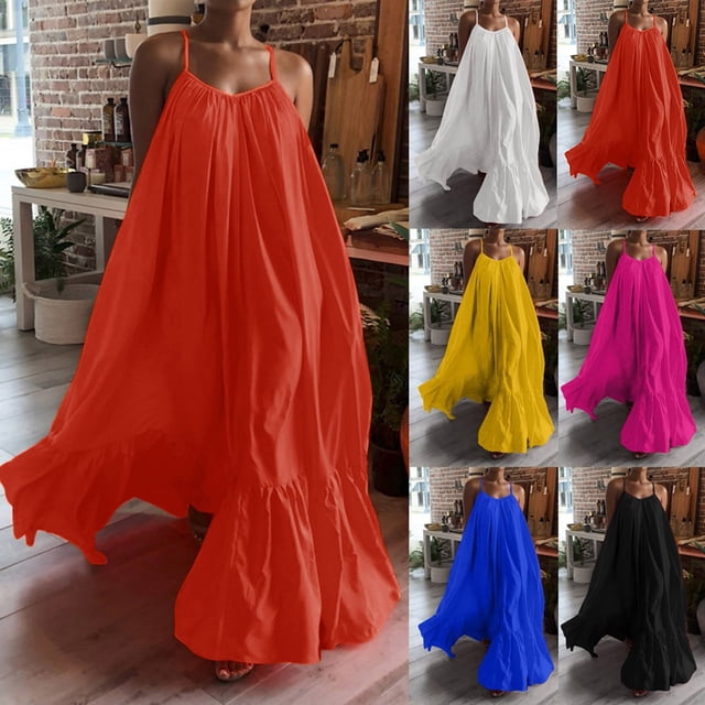 Gspmoly Robes d'Été pour Femmes, Robe Décontractée de Mode pour Femmes à Bretelles avec Poches, Ample, Dos Nu, Grande Robe, Robes Formelles pour Femmes en Liquidation