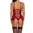 thumbnail image 4 of Women Lace Mesh Bodysuit Sexy Sleepwear T-back Thong Underwear, Wine Red, XL, 4 of 17