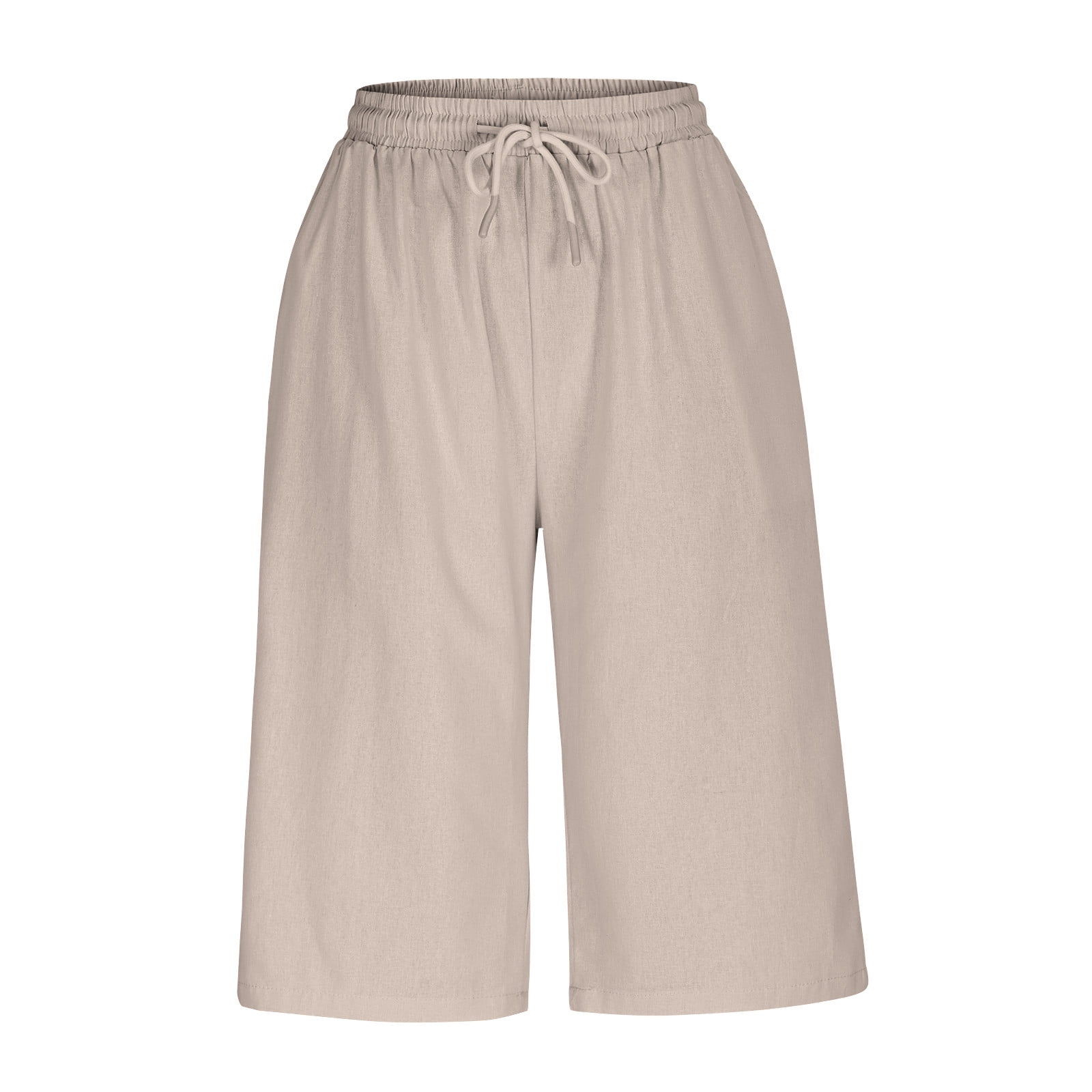 AKOEE Linen Capris for Women Summer Casual with Pockets Lightweight Cropped Straight Leg Drawstring Capri Pants (L, Khaki)