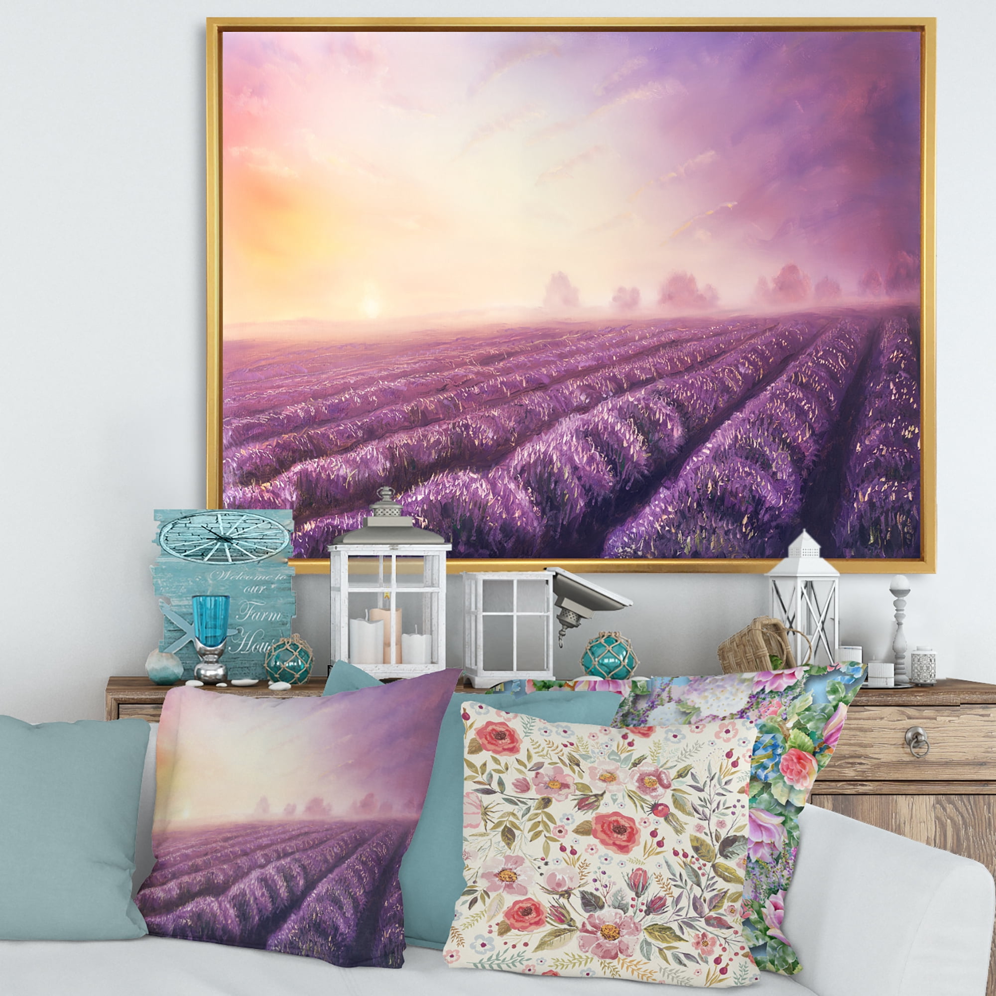 Designart 'Lavender Fields During Sunrise' Modern Framed Canvas Wall Art Print