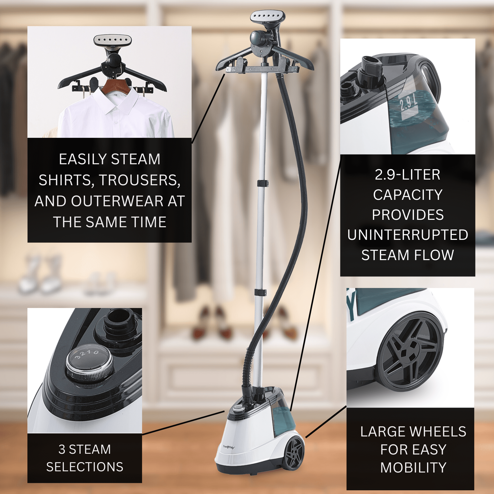 Restored True & Tidy Pro Commercial Heavy Duty Garment Steamer with Extra Large 2.9L Water Tank, White (Refurbished)
