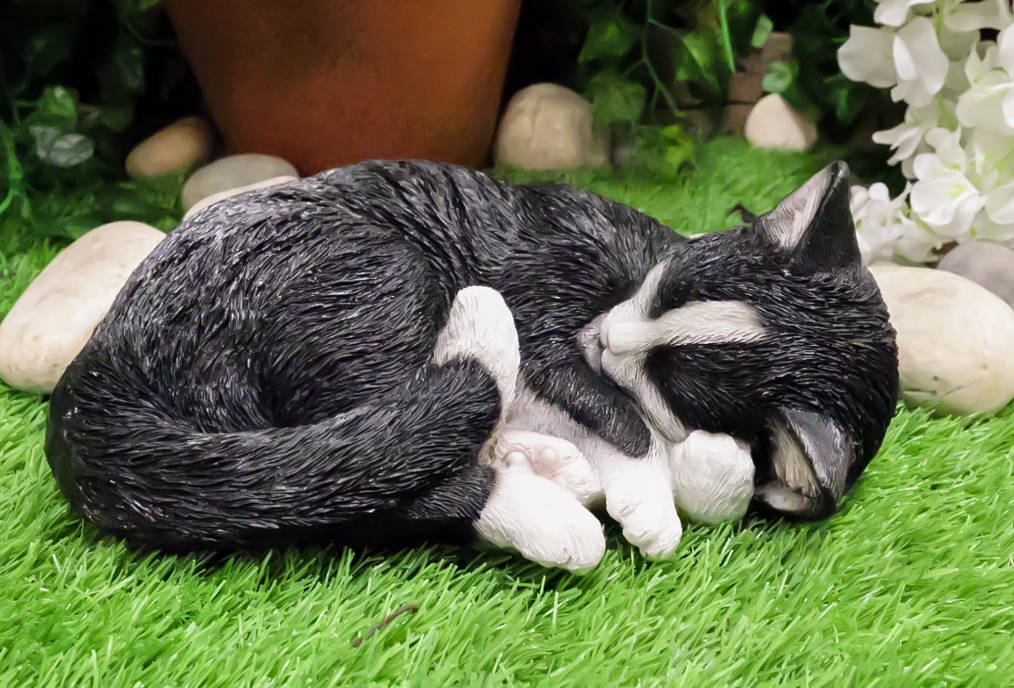 Realistic Sleeping Tuxedo Black and White Cat 10" Feline Pet Pal Kitten