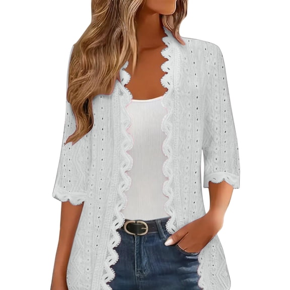 aidice Cardigans for Women Trendy Open Front Lace 3/4 Sleeve Knit Solid Color Fall Casual Outerwear