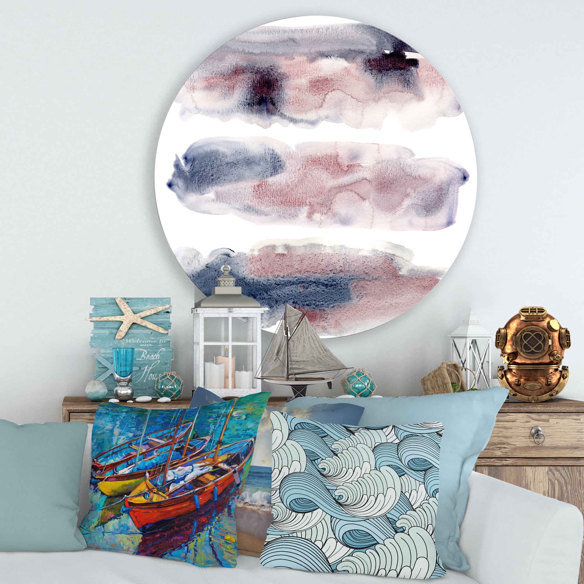 Designart 'Blue and Pink Clouds With Beige Spots I' Modern Circle Metal Wall Art 29x29 - Disc of 29