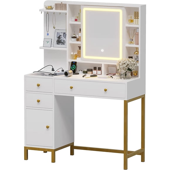 Makeup Vanity with Openable Mirror and Charging Station, Vanity Desk with Lights and 4 Drawers, Dressing Table with Storage Shelves, Hooks, Hidden Space