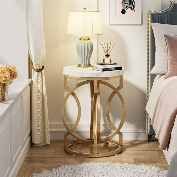 YINGYING 20” Round End Table with Faux Marble Top, Modern Accent Side Table with Gold O-Shaped Base, Nightstand for Living Room & Bedroom