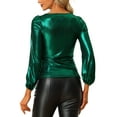 thumbnail image 3 of INSPIRE CHIC Women's Metallic Shimmer Glitter Bishop Sleeve Scoop Neck Party Top Shirt S Green, 3 of 6