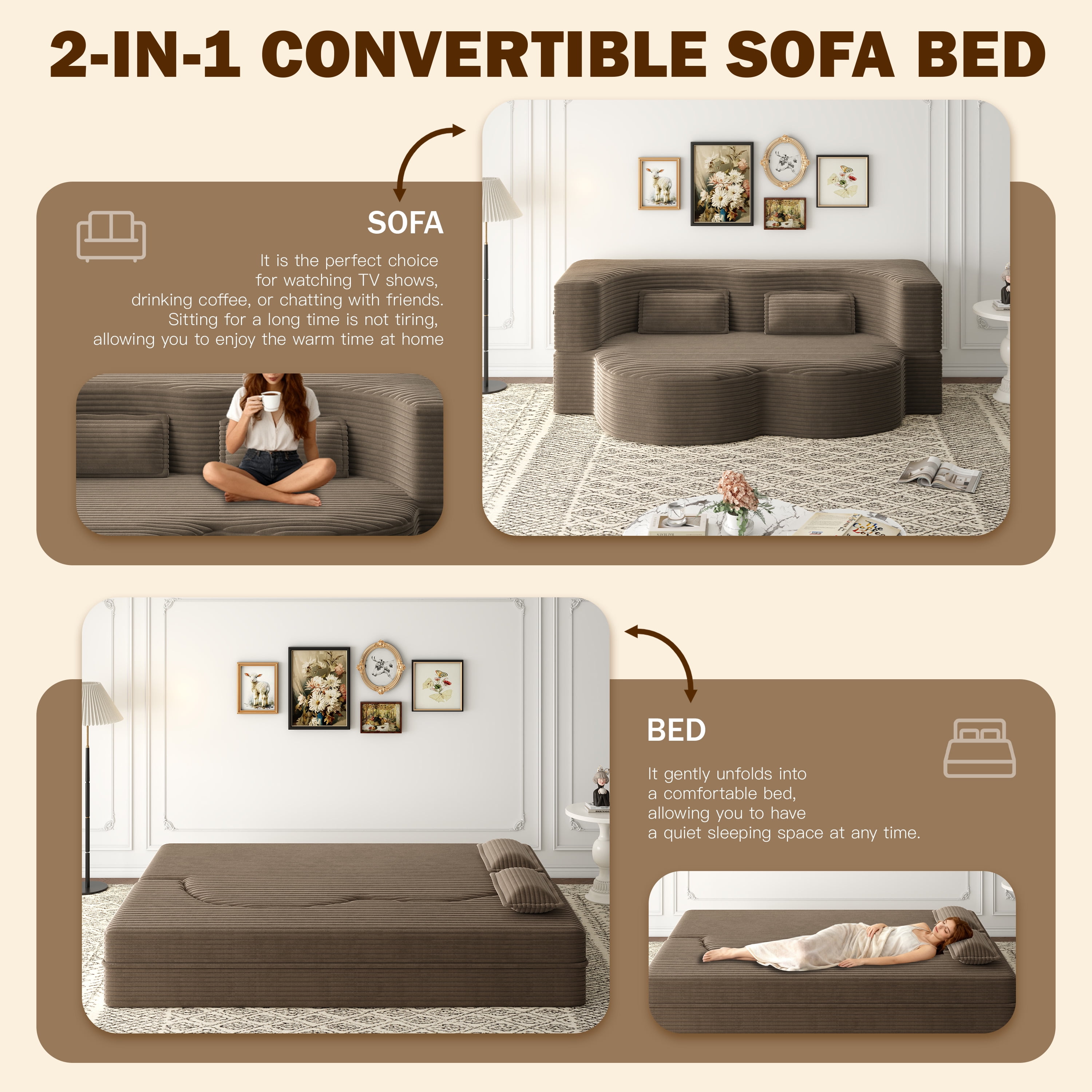 LLappuil Full Size Futon Convertible Sleeper Sofa Bed, 78" Corduroy Loveseat Floor Sofa Couch for Living Room