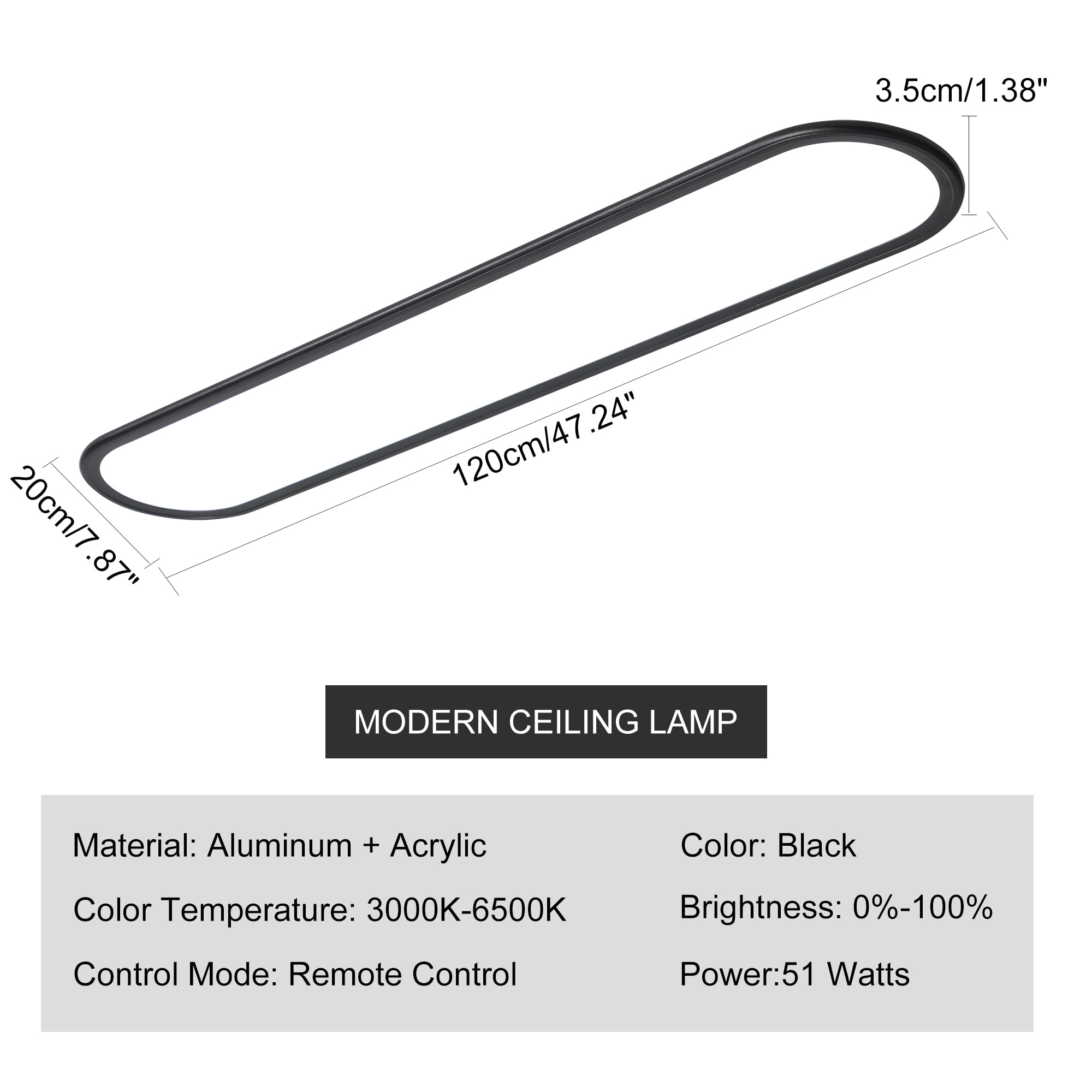 Garwarm 47.24" Linear LED Ceiling Light, 51W Dimmable Black Flat Panel Flush Mount Ceiling Lamp, Low Profile Lighting Fixture for Kitchen, Office, Hallway