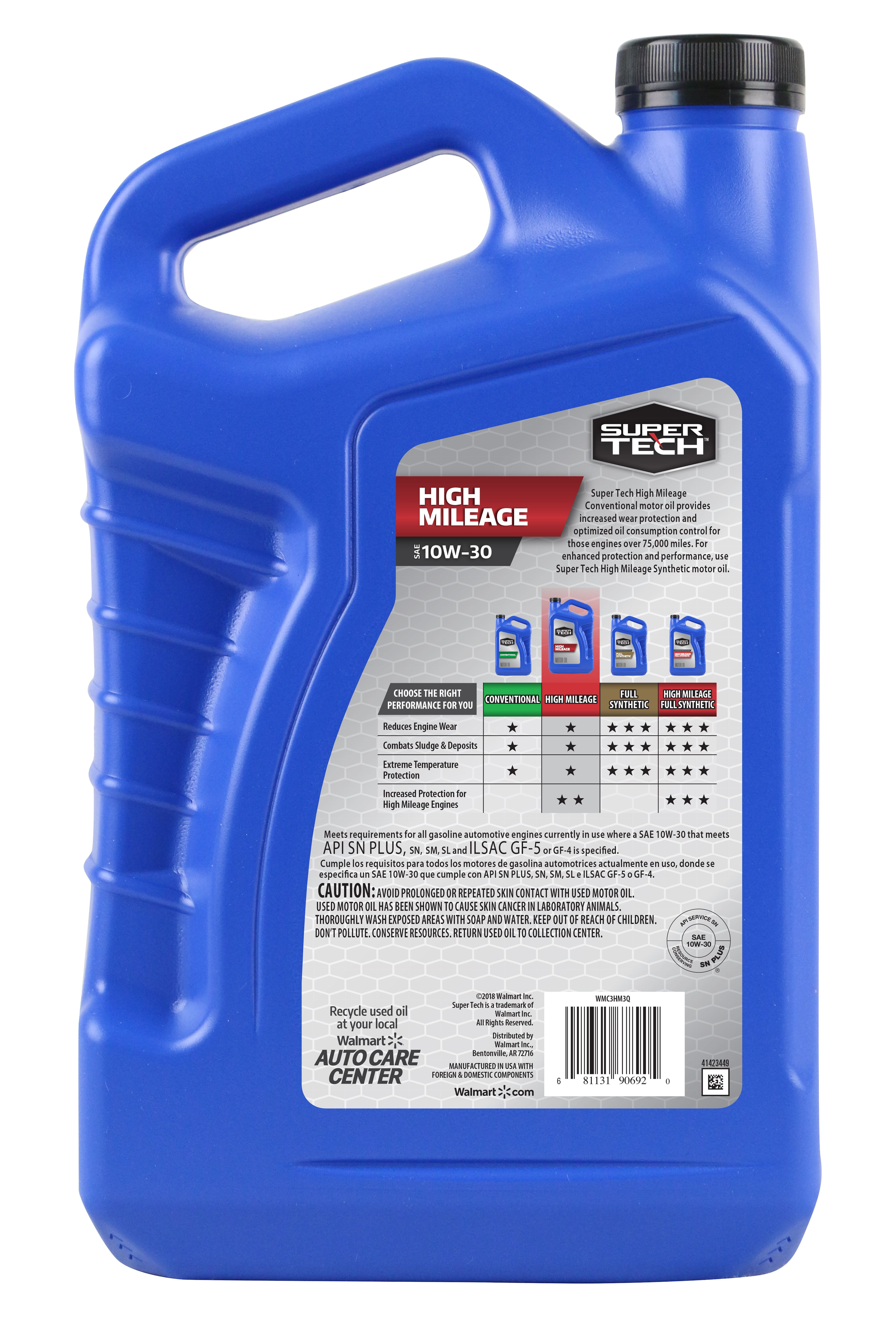 Super Tech High Mileage SAE 10W-30 Motor Oil, 5 Quarts