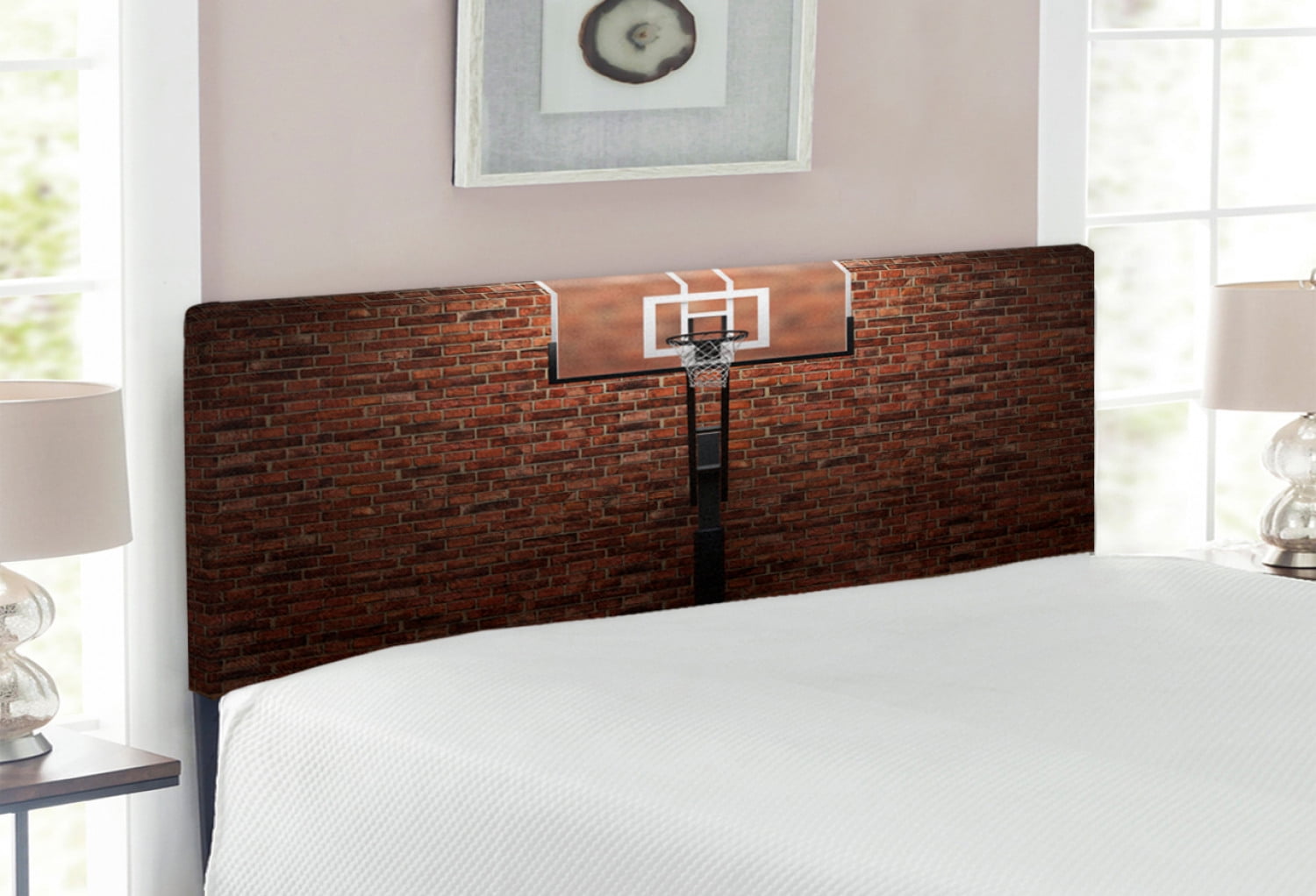 Basketball Headboard, Old Brick Wall and Basketball Hoop Rim Indoor  Training Exercising Stadium Picture, Upholstered Decorative Metal Bed  Headboard with Memory Foam, King Size, Brown, by Ambesonne