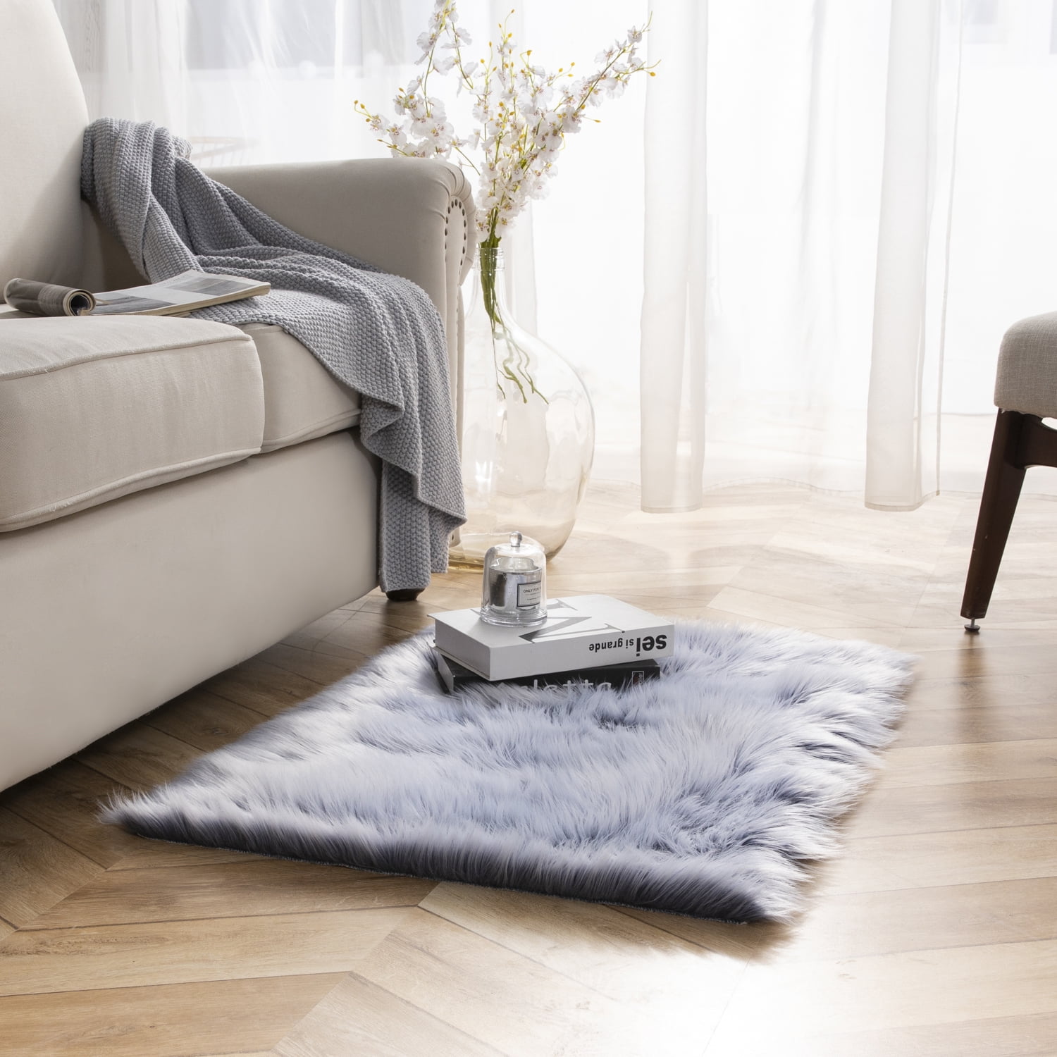 Deluxe Ultra Soft Faux Sheepskin Fur Series Fluffy Decorative Indoor Shag Area Rug, 2 x 3 Feet Rectangle, Navy and White, 1 Pack