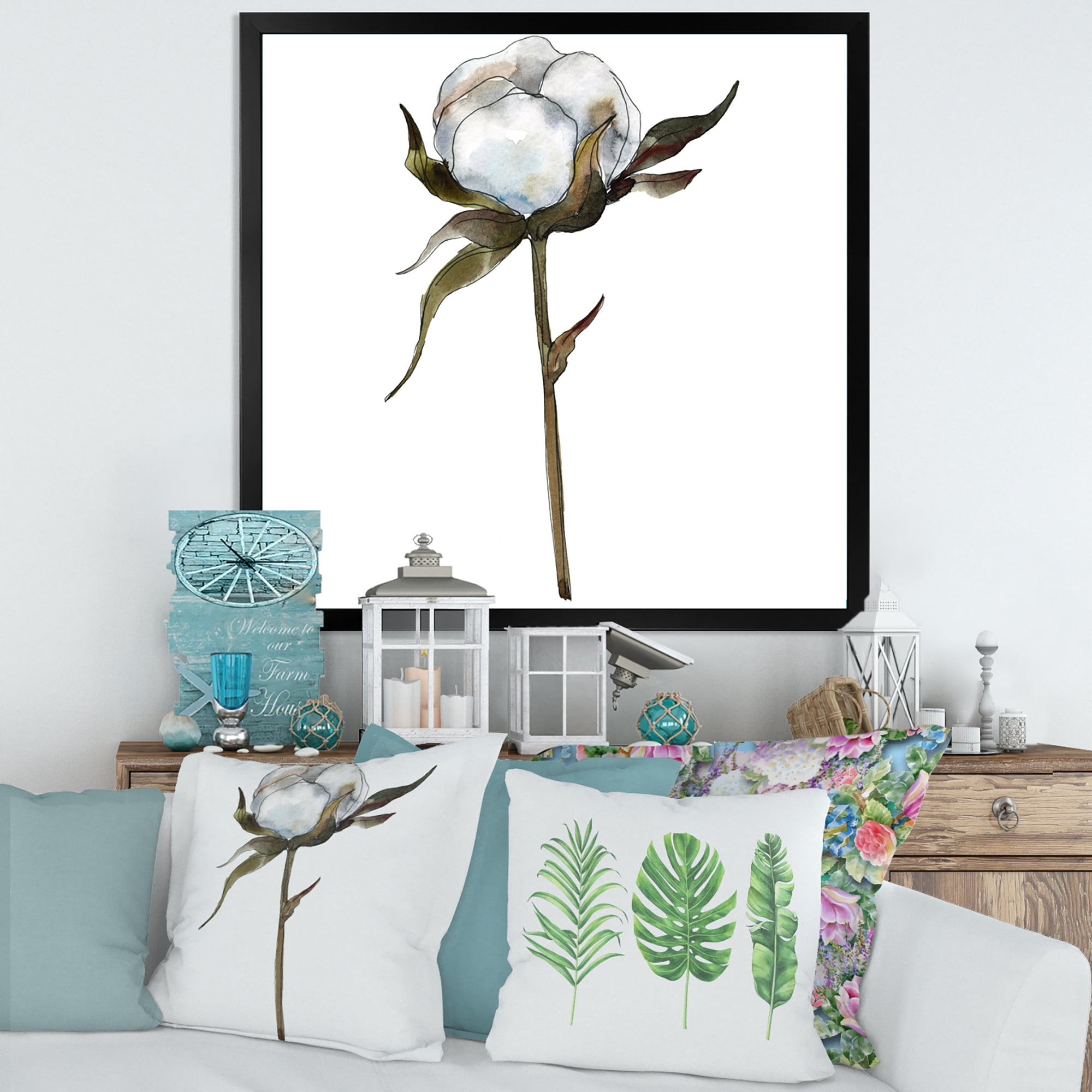 Designart 'Cotton Flower Retro Style' Traditional Framed Art Print