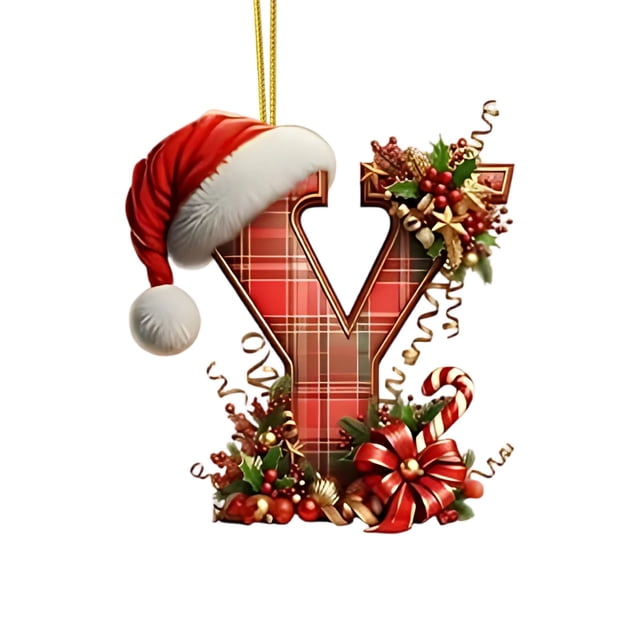 Christmas Tree Ornaments 2D Acrylic Monogram Pendants With Santa Hat 26 Letters Hanging Decorations For DIY Crafts And Home Decor
