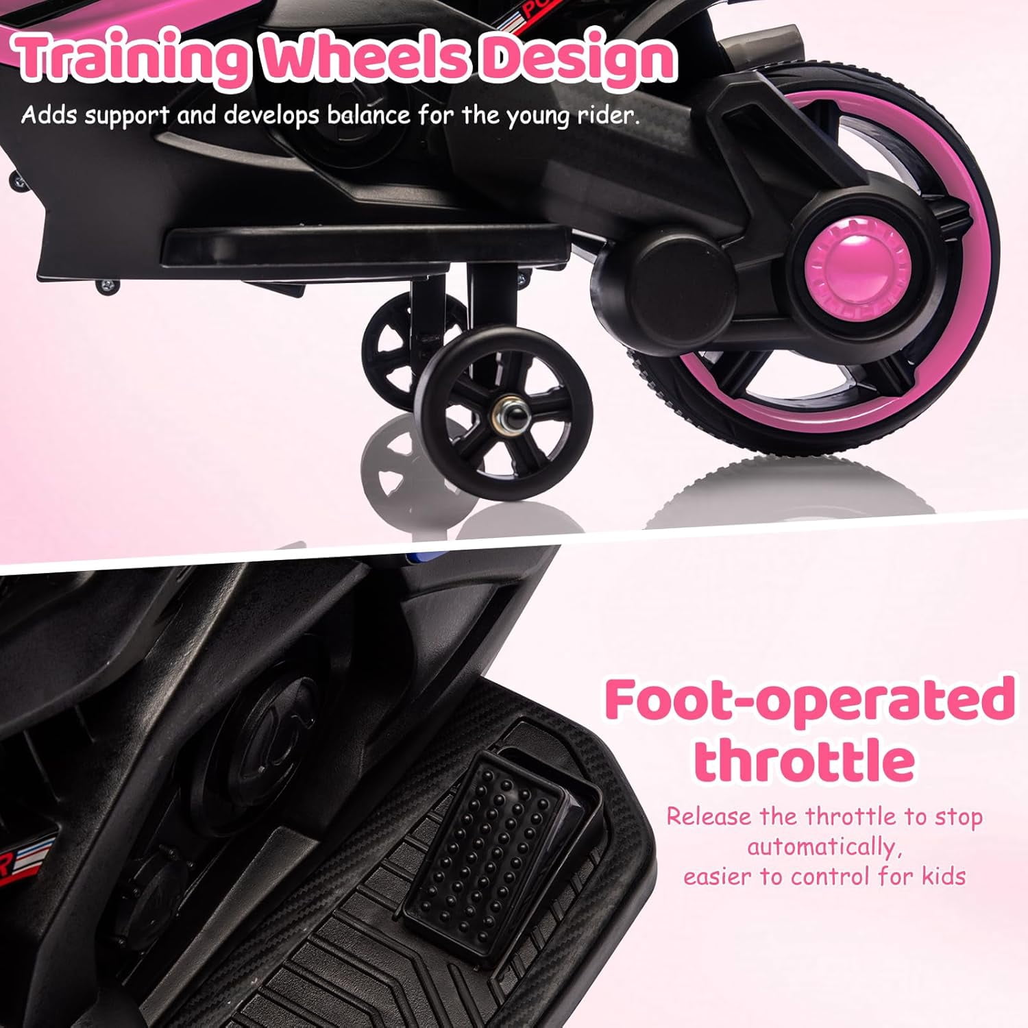 Trilenars 6V Motorcycle, Electric Ride On Car Toy with Training Wheels, Working Headlight, Horn & Music, Battery PoweRed Ride On Motorcycle Toy for Ages 3-6,Light Pink