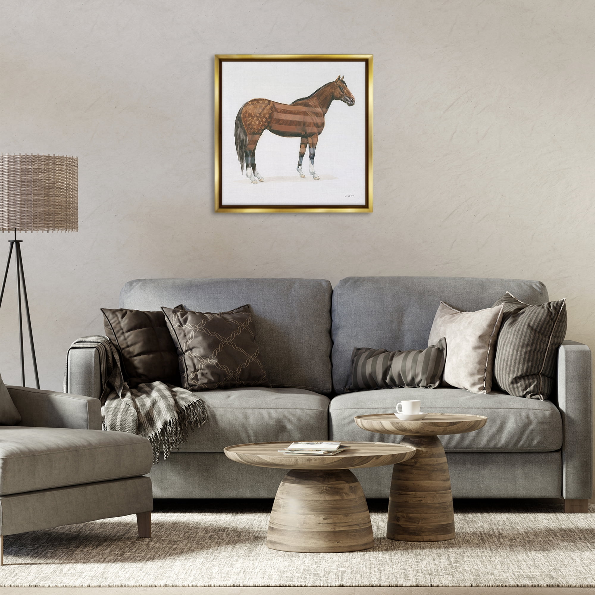 Stupell Industries American Flag Horse Animals & Insects Painting Gold Floater Framed Canvas Art Print Wall Art, 25 x 25
