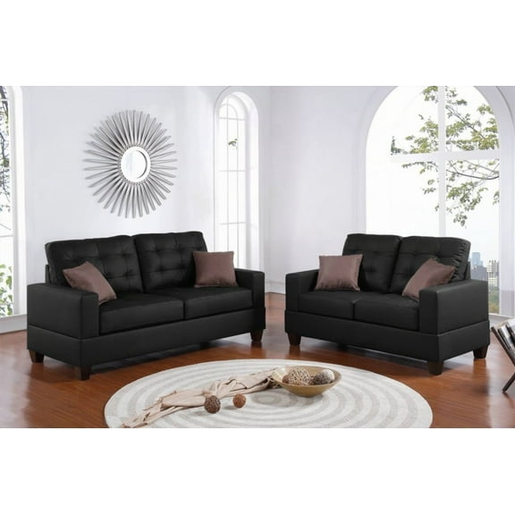 Modern Black Faux Leather 2pc Sofa Set for Living Room - 72"x34"x37"H Sofa & 56"x34"x37"H Loveseat