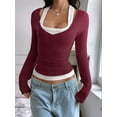 thumbnail image 2 of Women'S Long Sleeve Henley T Shirts Button Ribbed Knit Slim Fit Casual Basic Tops Blouse Wine Red M, 2 of 5