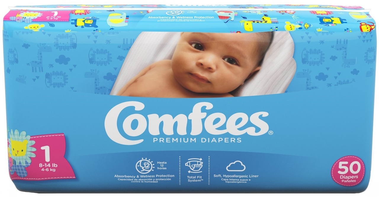 Comfees Baby Diapers, Size 1 (814 Lbs) Case of 200