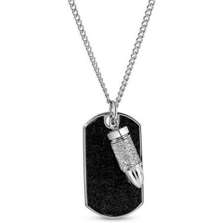 316L Stainless Steel Silver Glitter Bullet Black Glitter Dog Tag Pendant, 24 Curb Chain