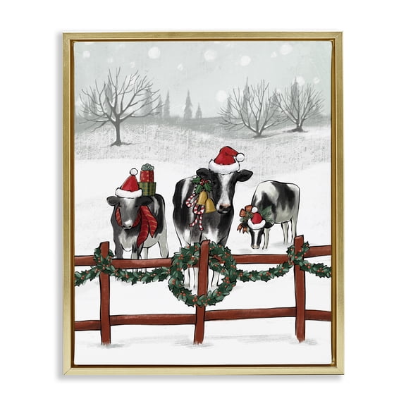Stupell Industries Farmhouse Holiday Cows Farmland Fence Gold Floating Frame Canvas Art, 17 x 21, by Caverly Smith