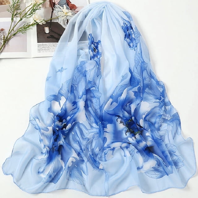 Nvzi Elegante bufanda cuadrada, nueva bufanda de gasa, moda de primavera, bufanda fina estampada, decoración, chal protector solar, 1 pieza (azul)