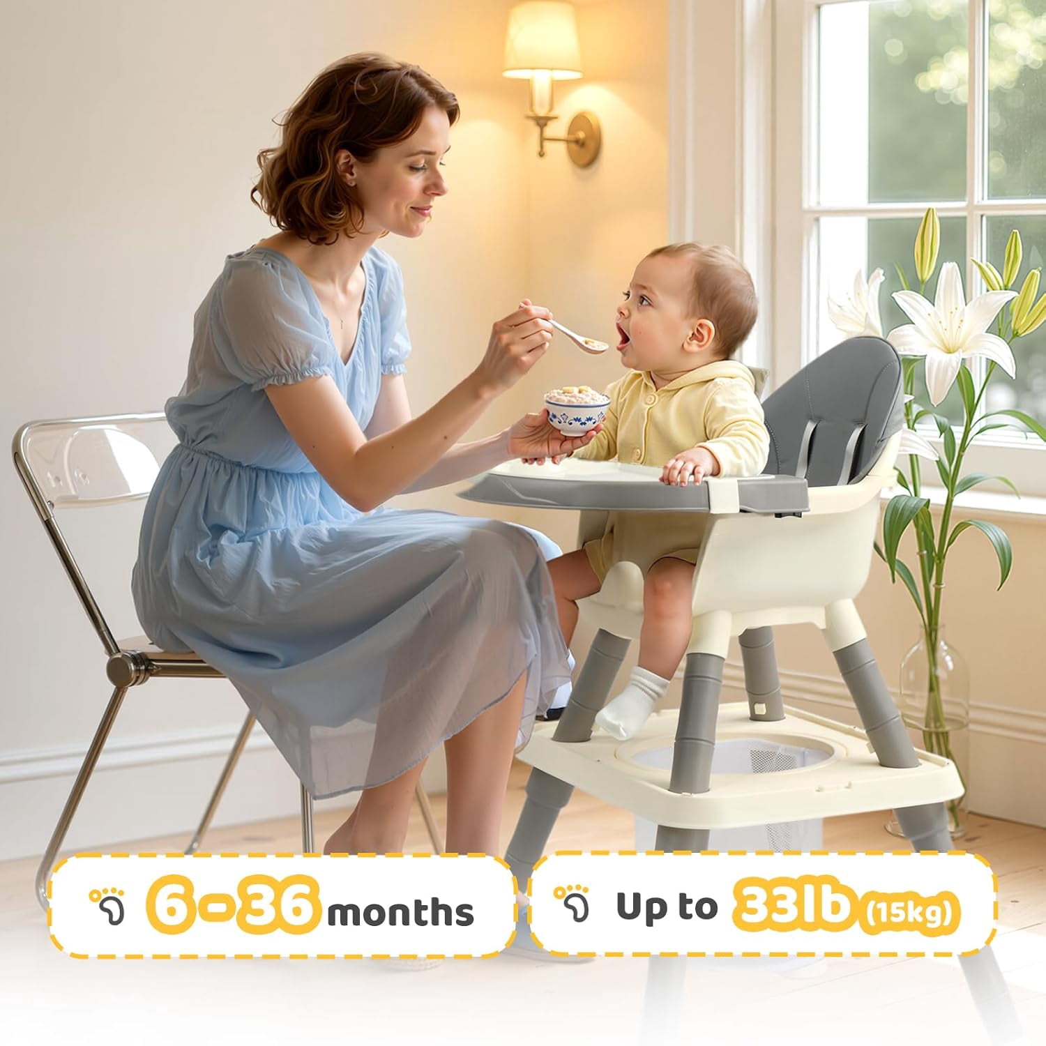 Zimtown Baby High Chair, 6 in 1 Convertible High Chairs for Babies and Toddlers, Portable Feeding Chair with 5-Point Safety Harness, Adjustable Dining Tray, Gray