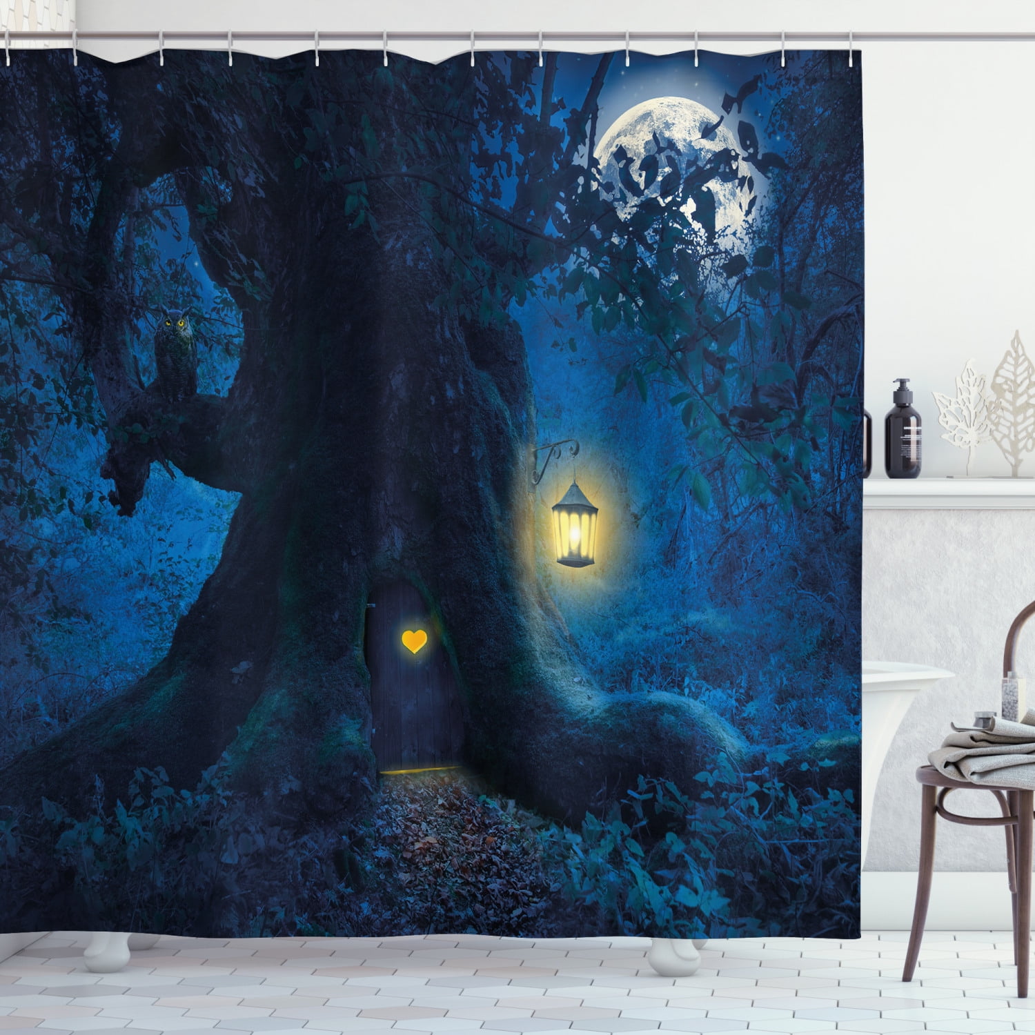Forest Shower Curtain, Magical Night with Little Home in Trunk of