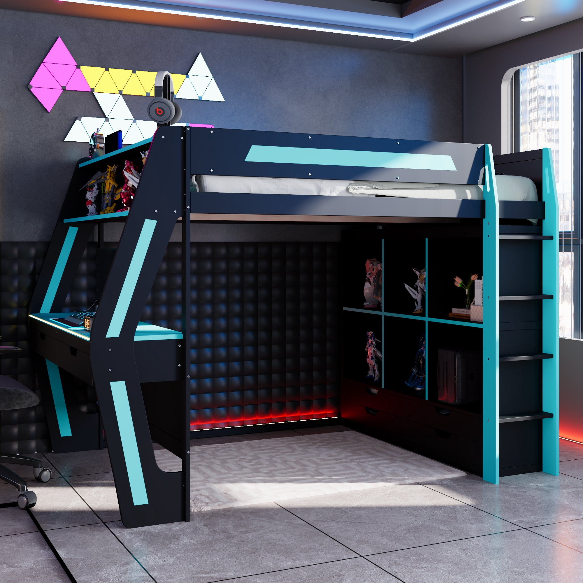 Mintazer Full Gaming Loft Bed with Lights & Desk, Modern Loft Bed with 6 Cubbies & 6 Storage Drawers, Black & Red