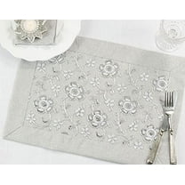 Fennco Styles Sequin Floral Embroidered Placemats 14" W x 20" L - Silver Table Mats for Home, Dining Room, Banquets, Wedding, Holiday and Special Events