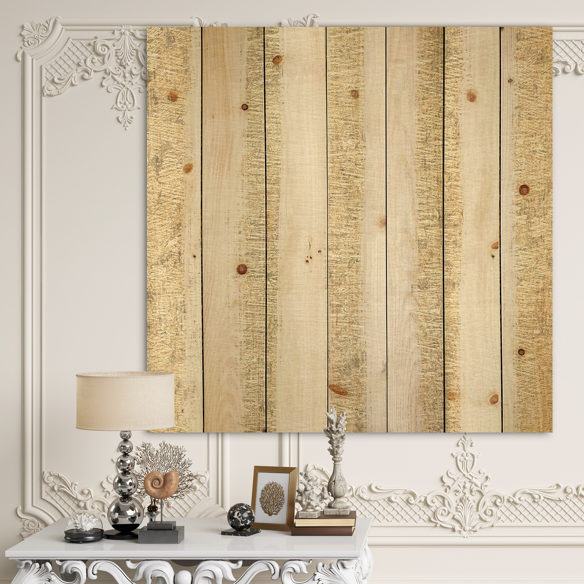 Designart 'Abstract Gold Glam Stipes Pattern' Modern Glam Print on Natural Pine Wood