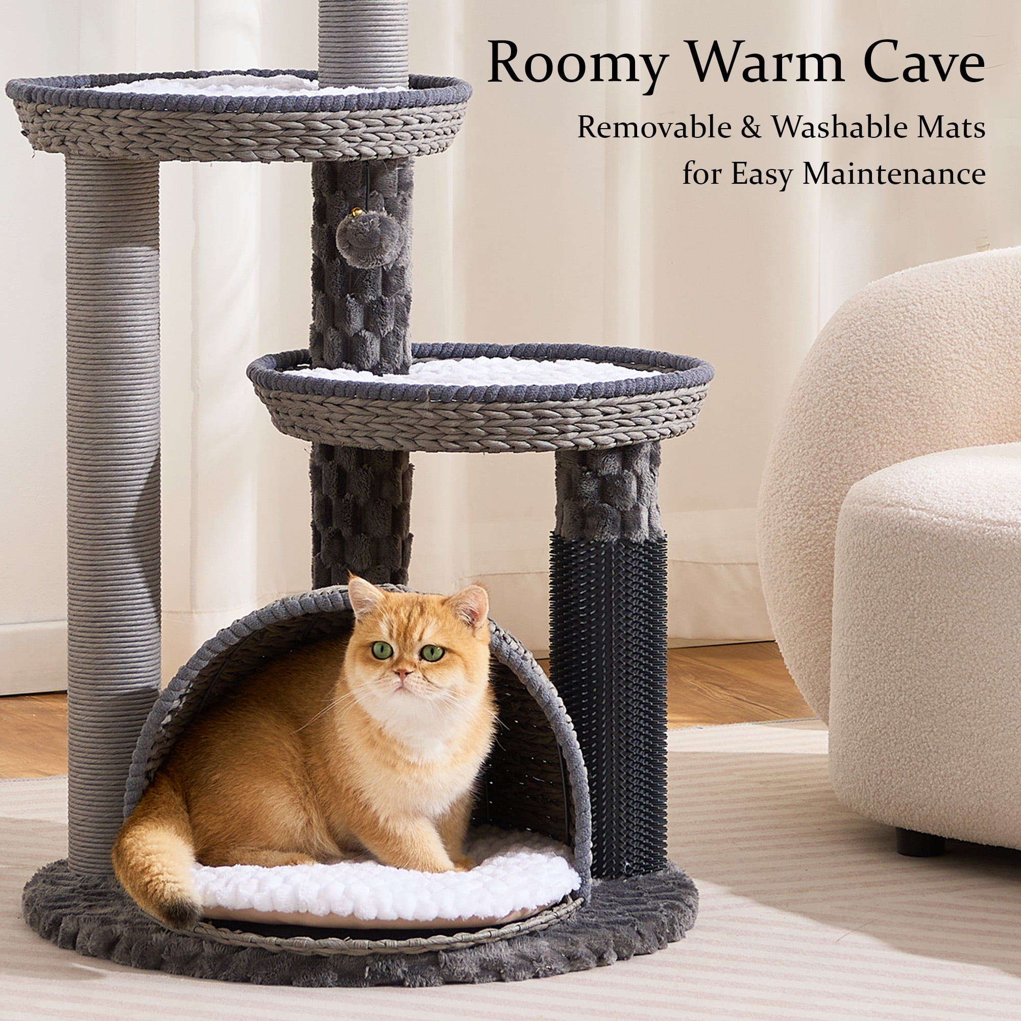 Wood Modern Cat Tree for Large Cat, 46" Tall Cat Tower with Sisal Scratching Posts, Cat Condo, Aesthetic Multi-Level Cat Climbing Tree with Hand-Woven Bed for Adult Indoor Cats-Blue