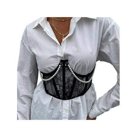

Pudcoco Women Waist Trainer Corset Lace Pearl Chains Cincher Shaper Tops