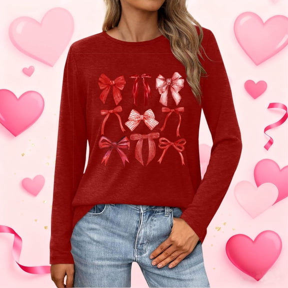 BLTIBY Valentine Shirts for Women Love Heart Printed Sweater Fashion Casual Crewneck Long Sleeve Pullover Sweatshirts Blouse Valentines the Day Tops Red 2 S