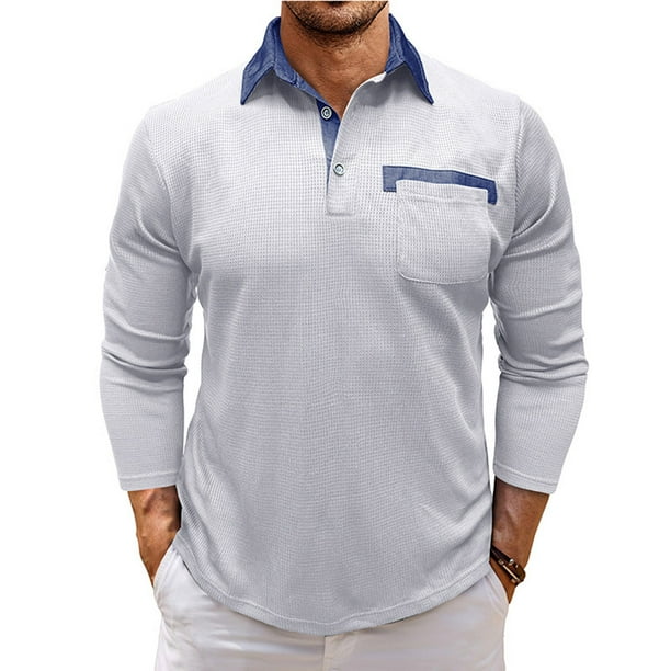 Blusa y camisa de manga larga con cuello vuelto para hombre, estilo casual, con bloques de color, de poliéster y manga larga.
