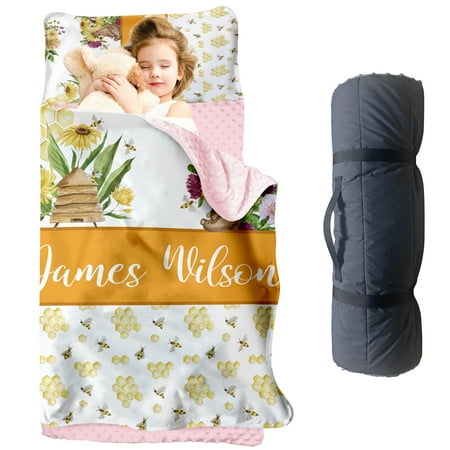 Personalized Toddler Nap Mat with Name – Bee Theme Roll-Up Sleeping Mat for Preschool Daycare Removable Pillow Soft Minky Blanket Custom Kids Nap Mat for Boys Girls Ideal for Travel or Camping