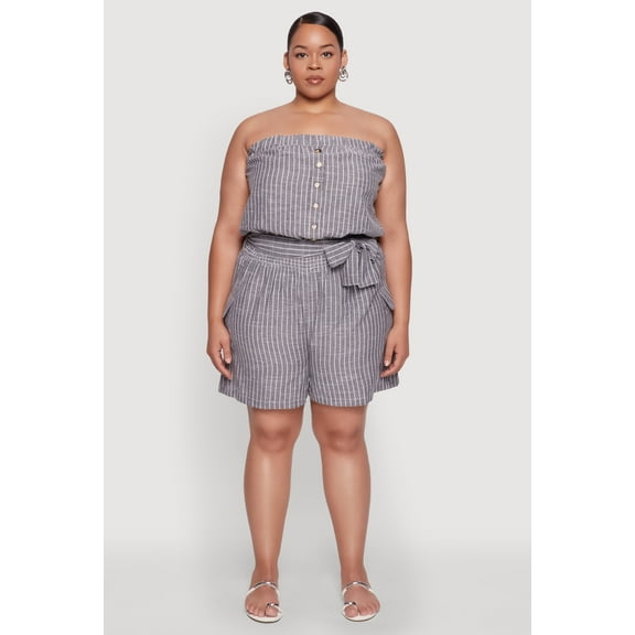 Womens Plus Size Tie Waist Belted Pinstripe Romper