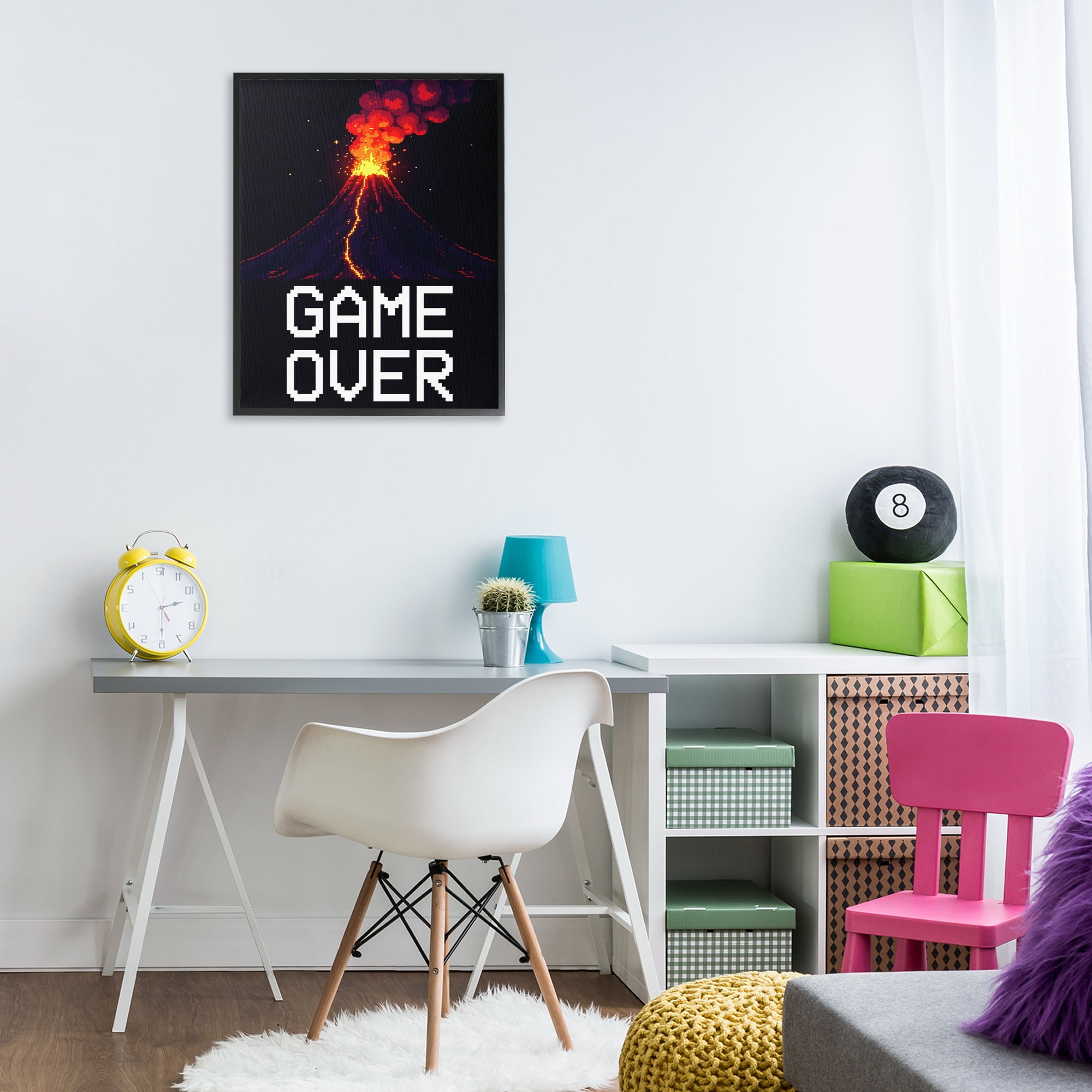 Pixel Volcano Game Over Black Framed Giclee Art, design by Kim Allen