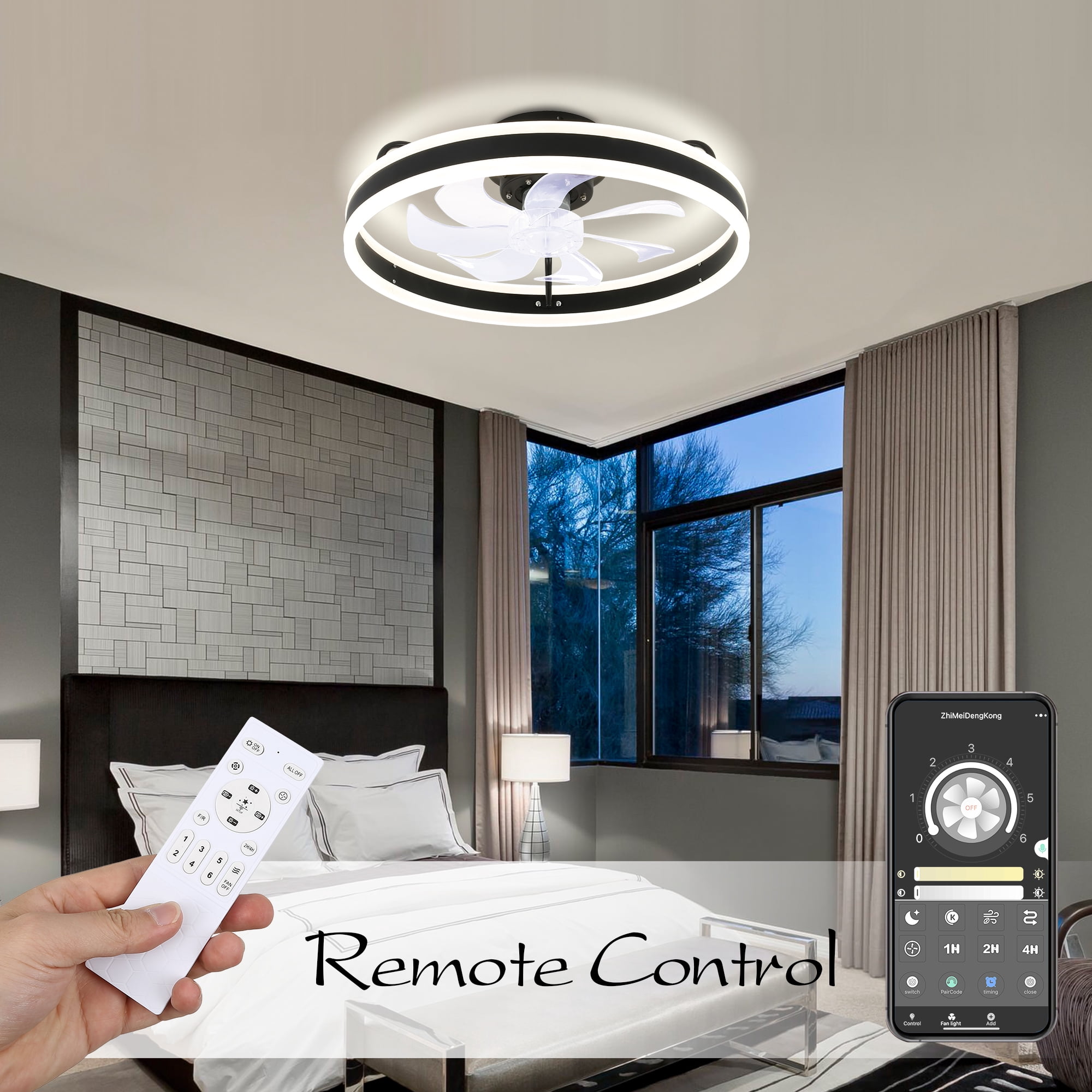 Bella Depot 19.6" Modern Flush Mount Ceiling Fan with Integrated LED Light, 6-Speed with App and Remote Control
